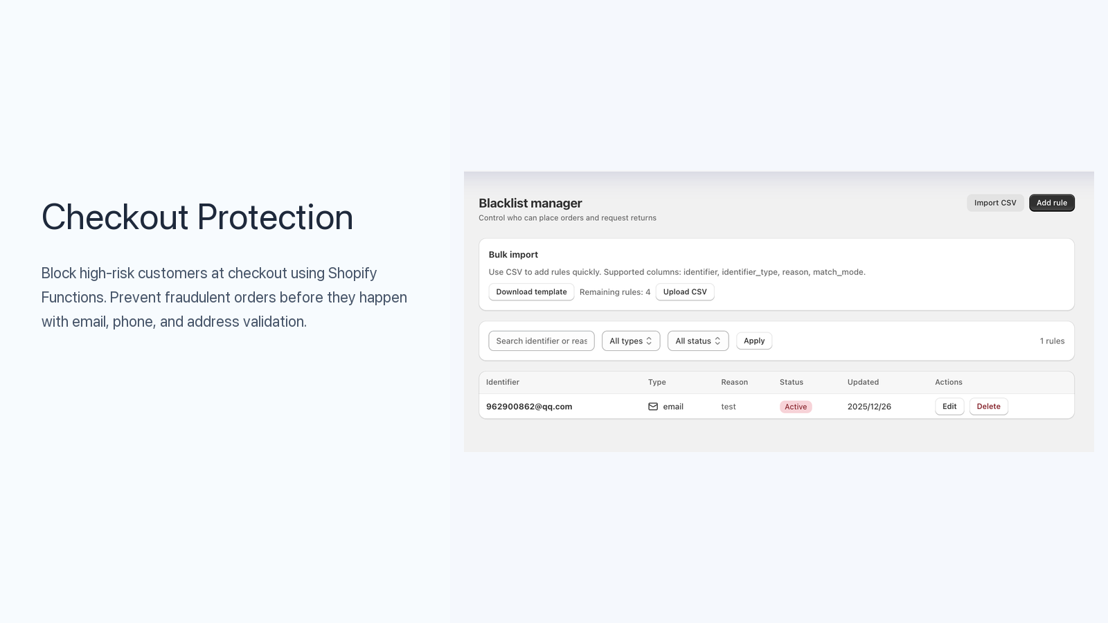 Block Customer blacklist manager screenshot for Shopify checkout protection