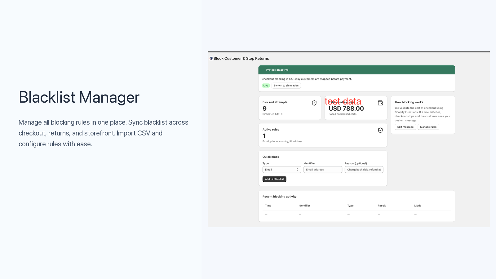 Block Customer app protection dashboard with checkout blocking status